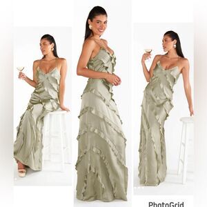 NEW Show Me Your Mumu Romance Ruffle Dress Moss Green Luxe Satin Size XL
